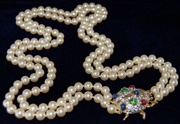 VOGUE BIJOUX MULTI COLORED CABOCHON LADYBUG LONG DOUBLE ROW PEARL NECKLACE