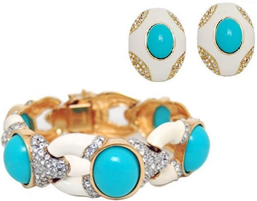 1980s CINER TURQUOISE AND WHITE ENAMEL BRACELET AND CLIP ON EARRINGS
