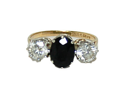 Thumbnail: 9k SOLID YELLOW GOLD GENUINE SAPPHIRE AND CUBIC ZIRCONIA TRILOGY ENGAGEMENT RING