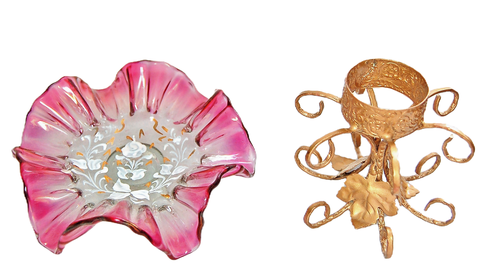 Thumbnail: VINTAGE 2 SCALLOP EDGE PINK GLASS FLORAL BONBON DISHES WITH WINE LEAVES STANDS