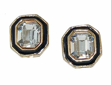 BLACK ENAMEL AND CRYSTAL CLIP ON EARRINGS