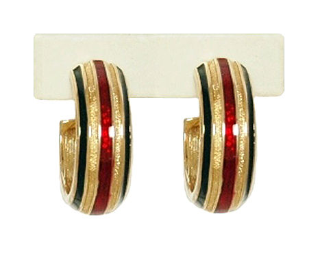 VINTAGE BLACK AND RED ENAMEL GYPSY HOOP PIERCED EARRINGS