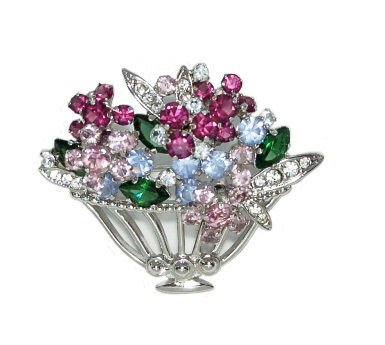 VINTAGE SILVER BASKET OF PASTEL MULTI COLOURED CRYSTAL FLOWER BROOCH