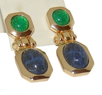 GROSSE BLUE AND GREEN CABOCHON DROP CLIP ON EARRINGS