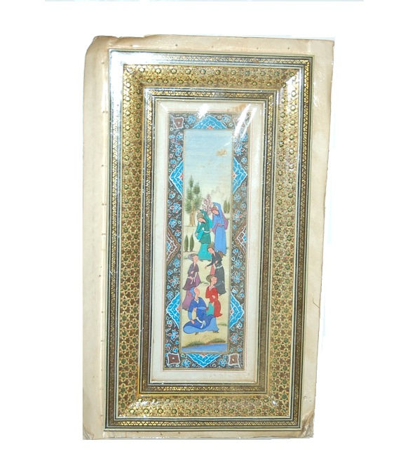 Thumbnail: 2 VINTAGE INDO-PERSIAN HANDCRAFTED MINIATURE PAINTINGS IN MARQUETRY KHATAM FRAME