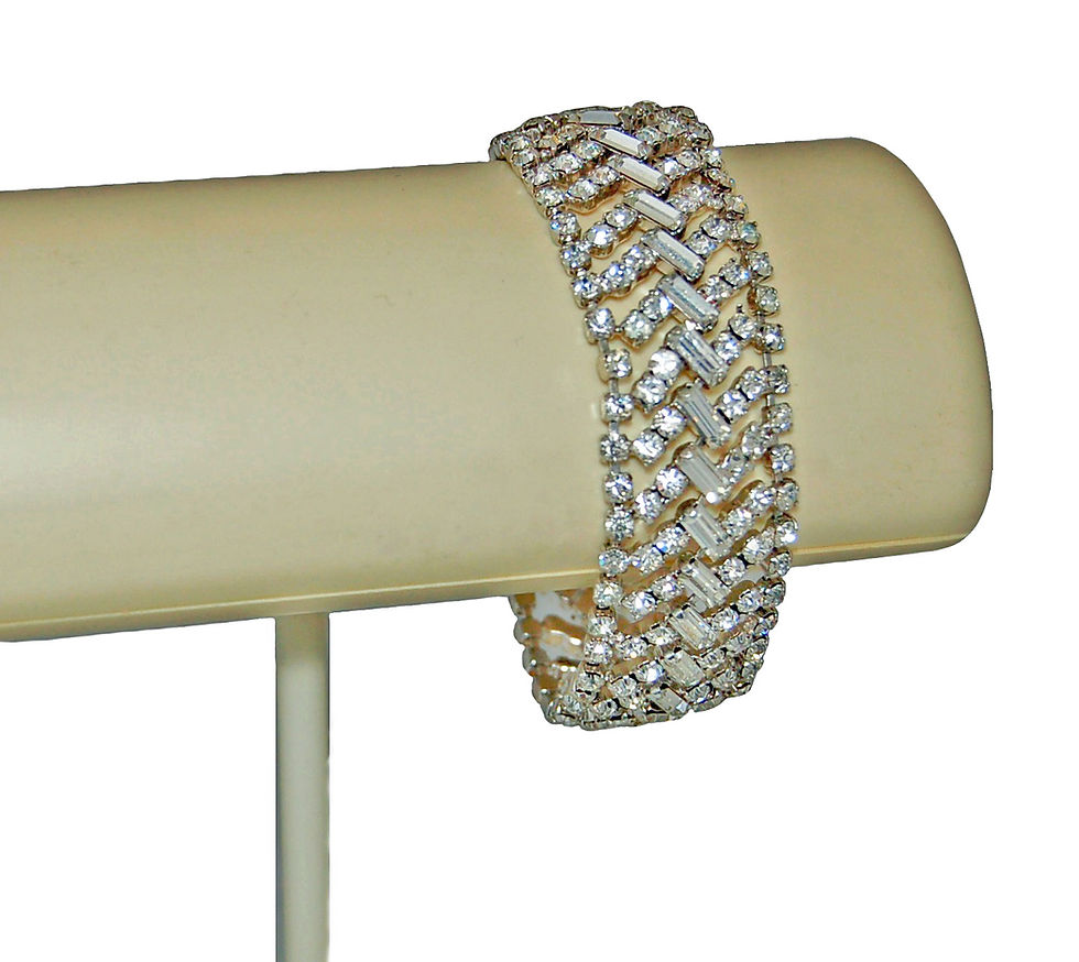 Thumbnail: 1980s VINTAGE BRIDAL WIDE SILVER TONE CRYSTAL COCKTAIL BRACELET