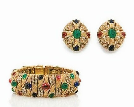 VINTAGE CINER SET FLORAL DIAMANTE AND MULTI COLOURED CABOCHON BRACELET EARRINGS