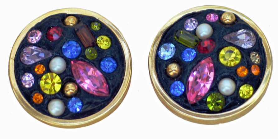1980s VINTAGE BLACK RESIN AND MULTICOLOURED CRYSTAL CLIP ON EARRINGS