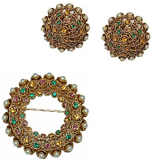 1980s VINTAGE MULTI COLOURED CRYSTAL AND PEARL BROOCH WITH CLIP ON EARRINGS