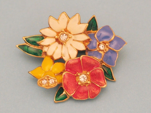 VINTAGE MULTI COLOUR ENAMEL BOUQUET OF FLOWER BROOCH
