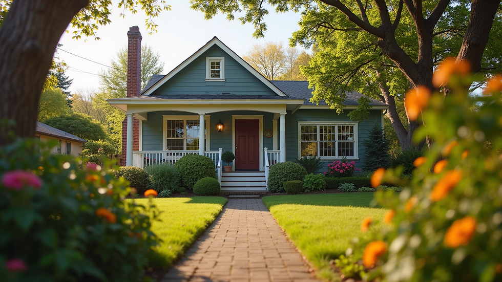 Eye-level view of cozy home with garden in Southern Oregon neighborhood