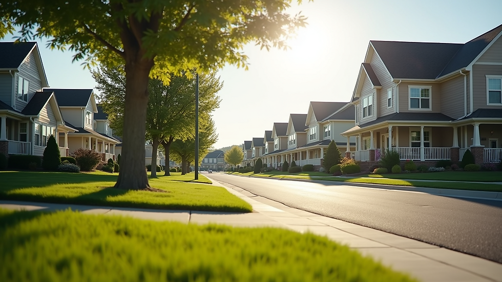 Eye-level view of a suburban street with single-family homes and green lawns