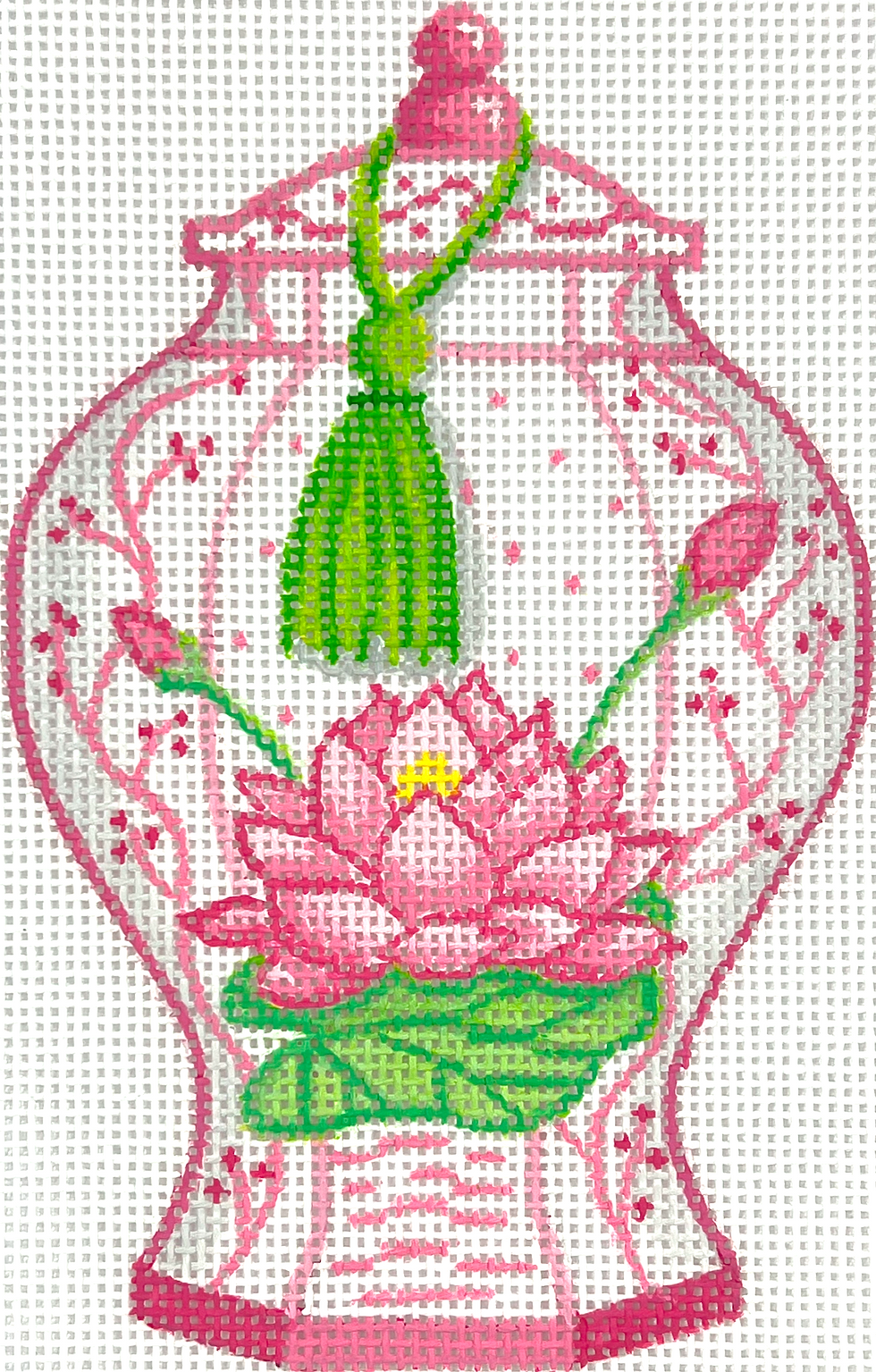 Mini chinoiserie vase - tall pinks w/ lotus flower & lime green tassel