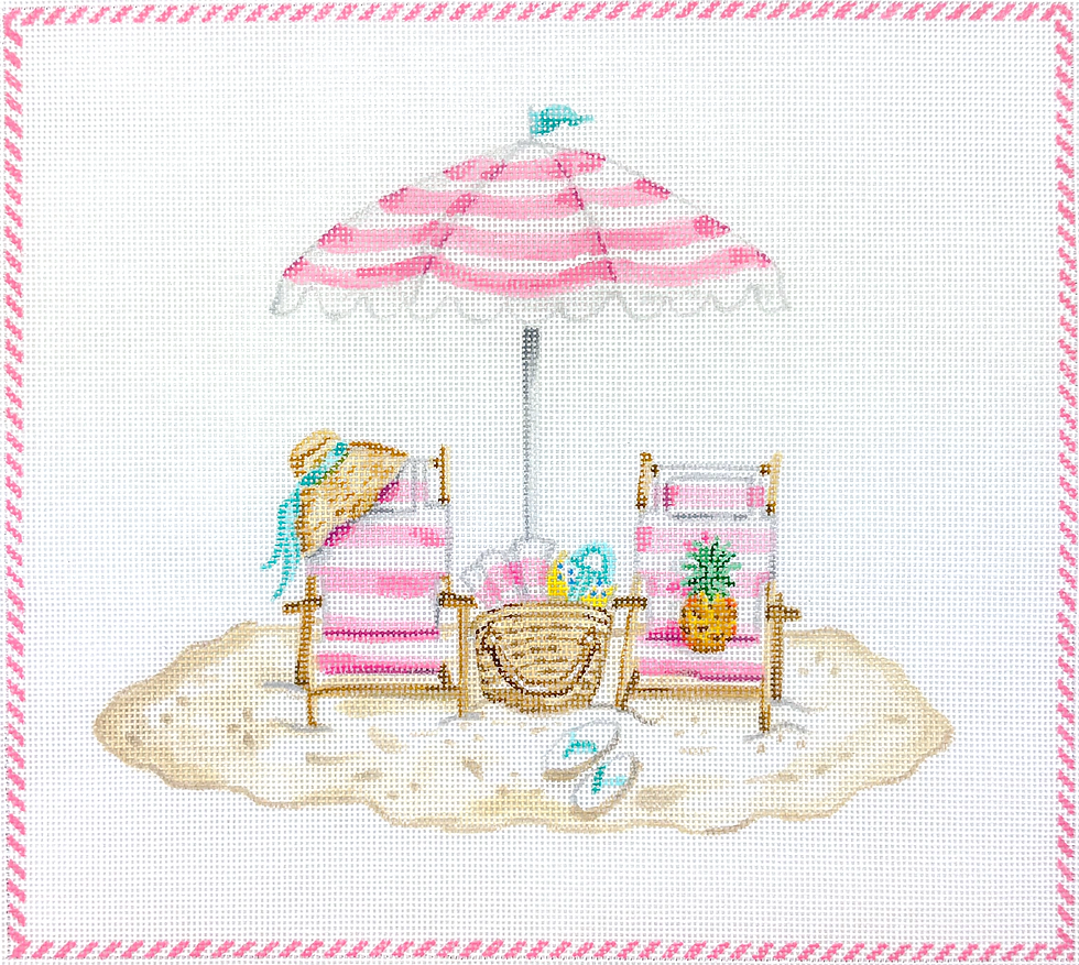 Beach scene w/ pink striped umbrella