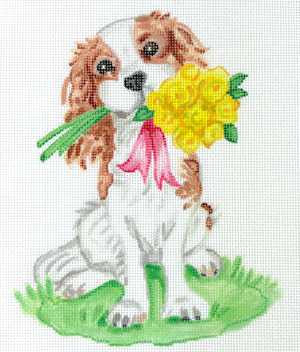 Cavalier w/ pink ribbon & yellow roses