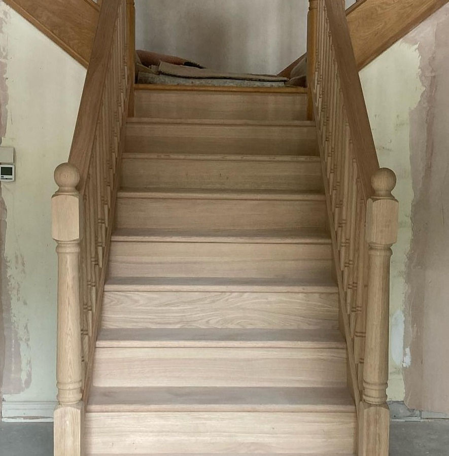 Staircase installed, spindles, newel caps, newel posts, handrails, oak staircase