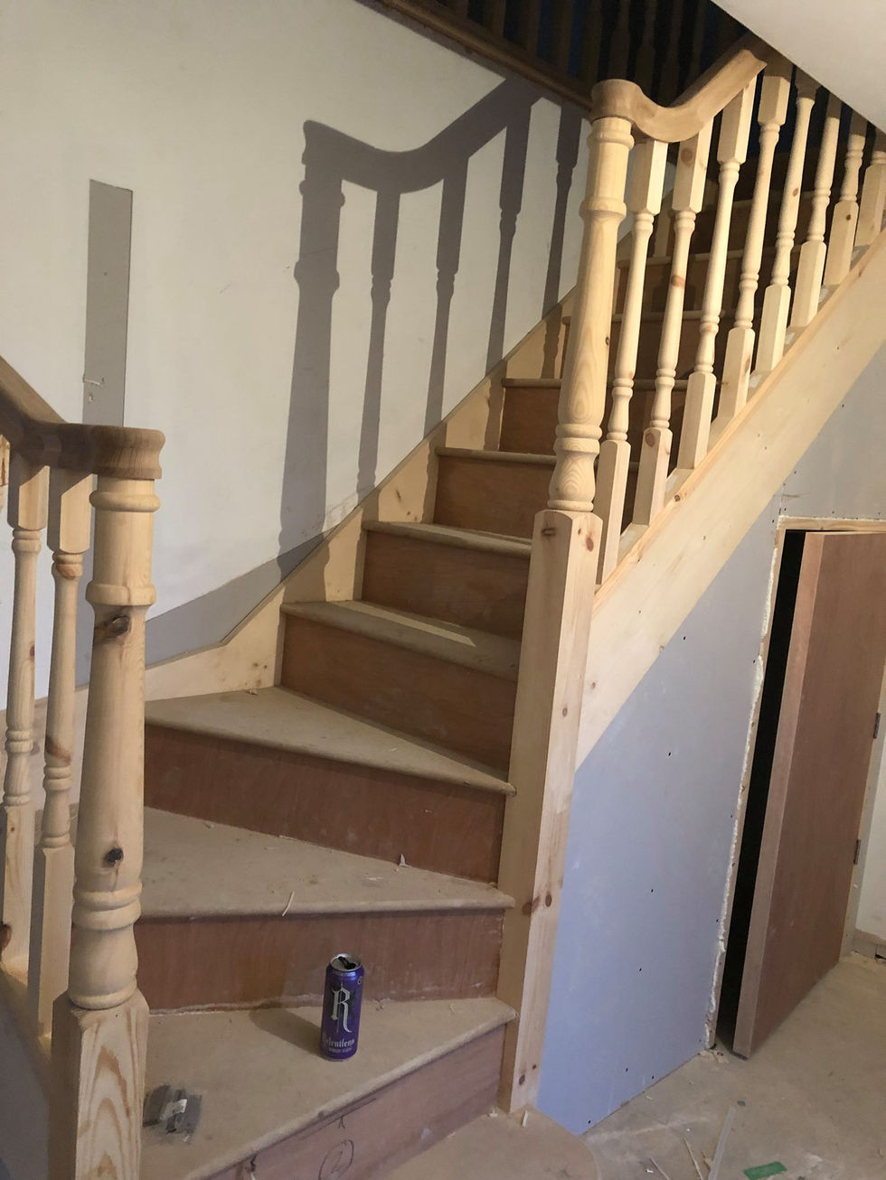 Staircase installed, spindles, newel caps, newel posts, handrails, pine staircase