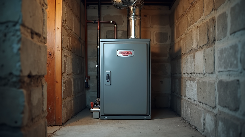 Eye-level view of a modern oil furnace installed in a residential basement