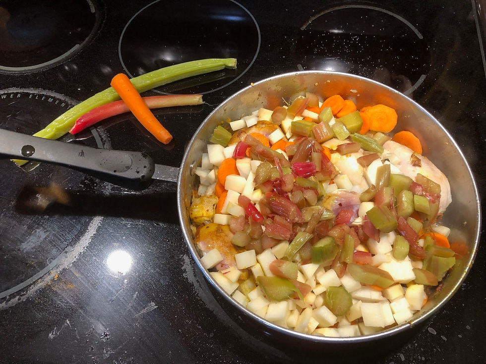 Ingredients for Chicken-Rhubarb Pot Pie cook together on the stove.