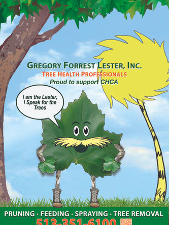 Leaf mascot with yellow Lorax mustache. Tree and blue sky in background