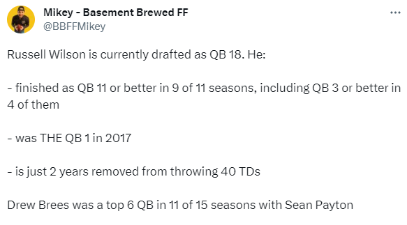 Tweet about how to approach Russell Wilson in 2023 fantasy football rankings