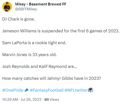 A tweet speculation whether or not Jahmyr Gibbs could be 2nd on the Detroit Lions in targets in 2023. How to approach Gibbs in 2023 fantasy football rankings.