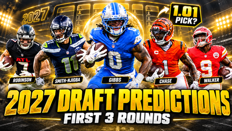 2027 fantasy football draft predictions thumbnail featuring Jahmyr Gibbs of the Detroit Lions as the projected 1.01 pick, alongside Jaxon Smith-Njigba, Bijan Robinson, Ja'Marr Chase, and Kenneth Walker III, with bold gold and black graphics highlighting first three rounds of 2027 fantasy football drafts.