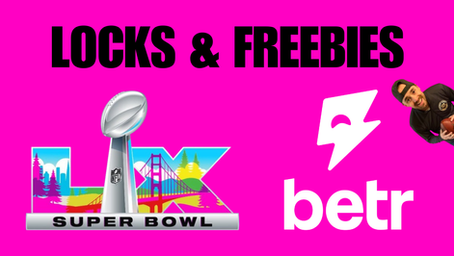 Bright pink YouTube thumbnail with bold black text reading “LOCKS & FREEBIES,” Super Bowl LIX logo on the left, a white lightning bolt and “betr” logo on the right, and a smiling sports bettor holding a football in the corner.