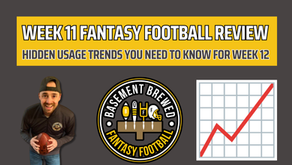 Week 11 Fantasy Football Review thumbnail featuring the Basement Brewed Fantasy Football logo, a smiling fantasy analyst holding a football, and a rising usage trend chart, with bold text reading ‘Week 11 Fantasy Football Review: Hidden Usage Trends You Need to Know for Week 12.