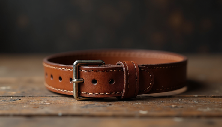 Eye-level view of a leather collar resting on a wooden table