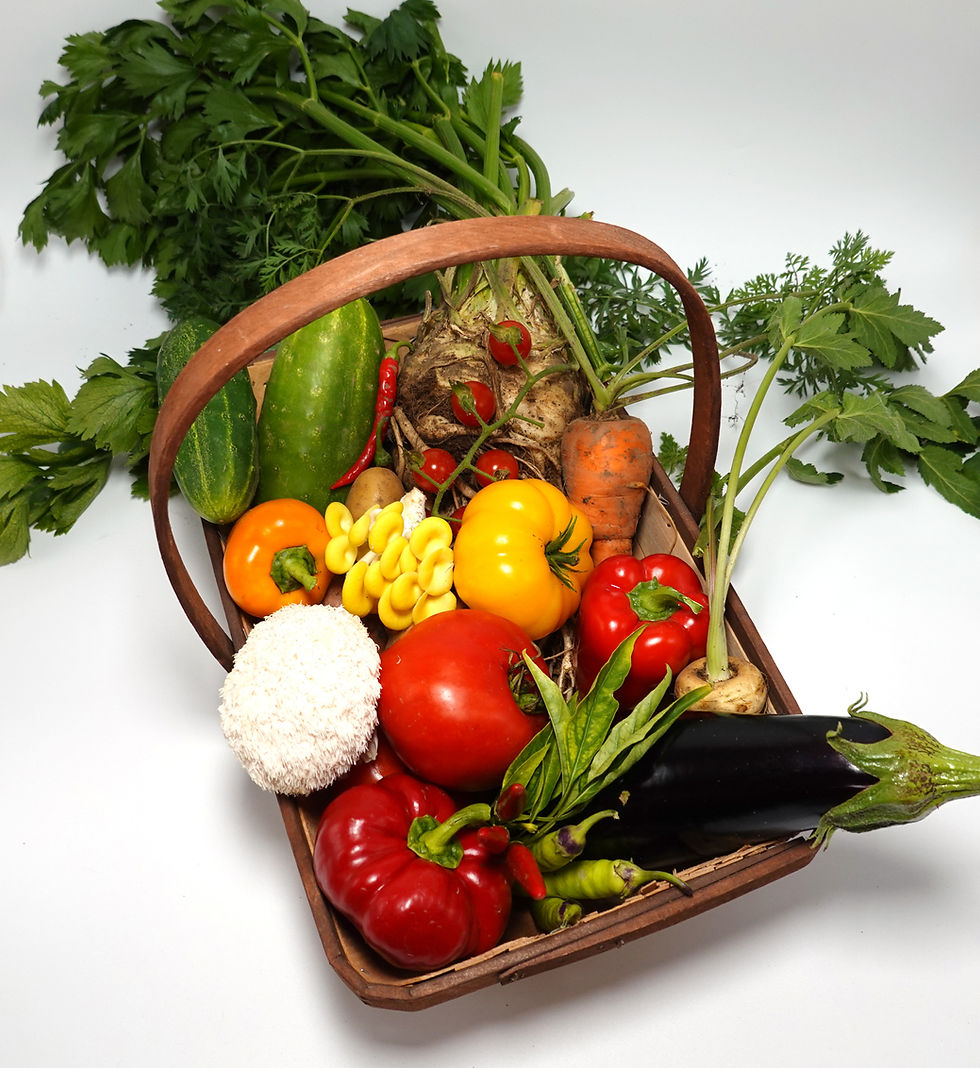 A mix of vegetables and mushrooms inside a basket