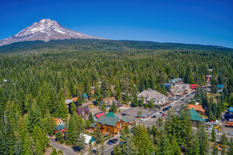 Aerial view of Government Camp with Mount Hood behind it.