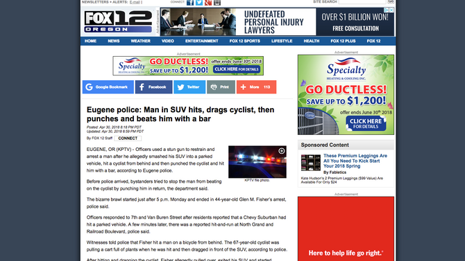 KPTV: Eugene police: Man in SUV hits, drags cyclist, then punches and beats him with a bar
