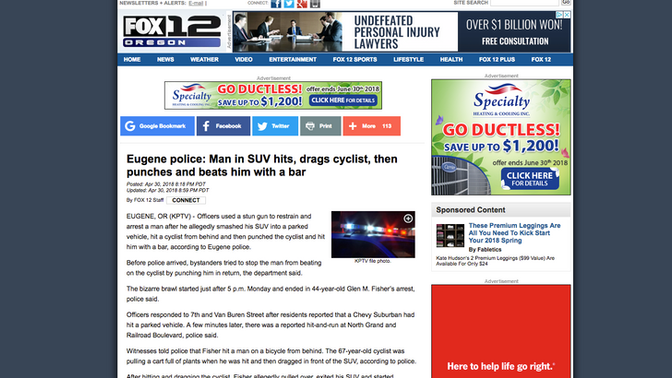 KPTV: Eugene police: Man in SUV hits, drags cyclist, then punches and beats him with a bar