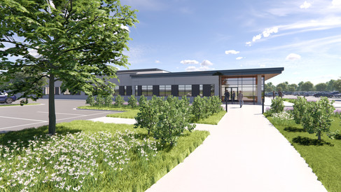 FGMA rendering of modern one-story industrial building at the end of a clean, dry pathway surrounded by greenery, shrubbery and a tree