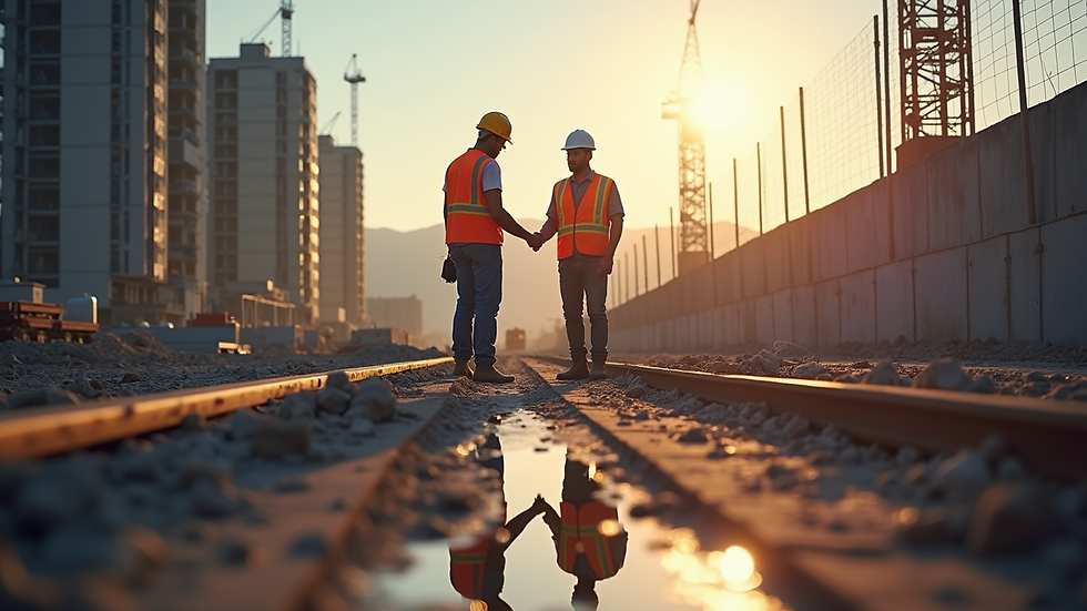 Eye-level view of a construction site with workers collaborating