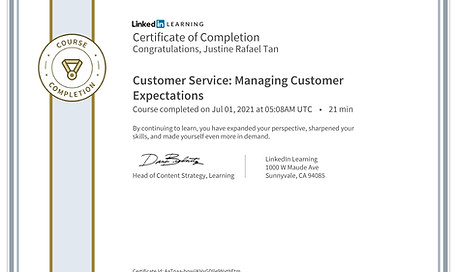 Certificate Of Completion - Linkedin Learning - Customer Service Managing Customer Expecta