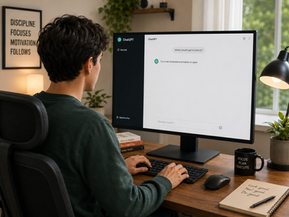 A realistic photo-style image of a person sitting at a wooden desk in a cozy home office, looking at a large monitor showing ChatGPT. On the screen, a short message asks where to get a haircut, with a brief reply suggesting a local barber or salon. The desk has a keyboard, mouse, mug, notebook, books, plants, and a lamp.