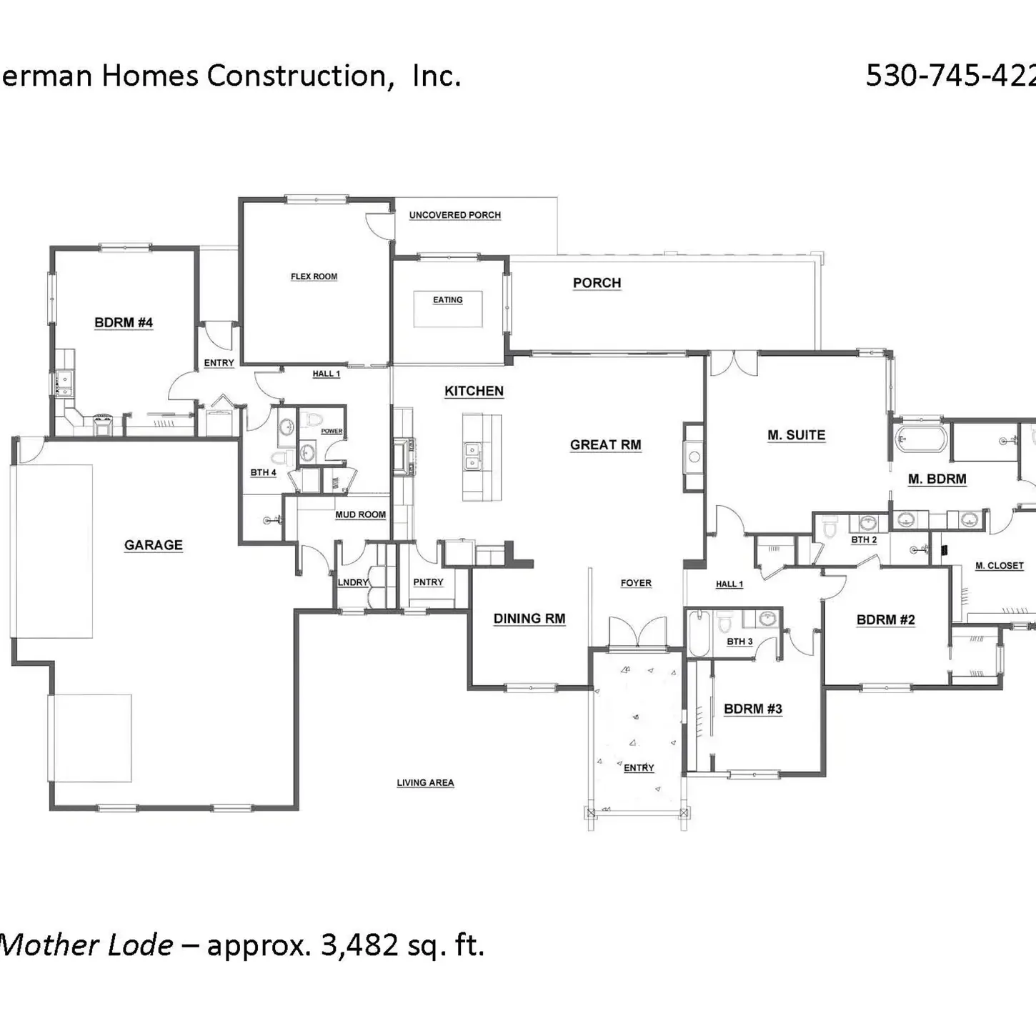 The Motherlode floor-plan drawing — 3,482 sq ft, 110'×64' footprint