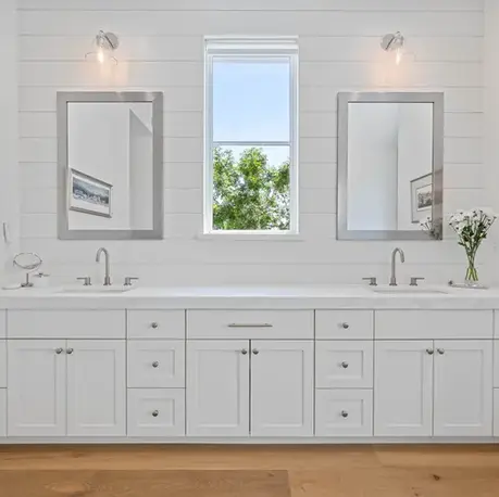 Shiplap vanity wall with twin mirrors in the primary bath, Meadow Vista, CA