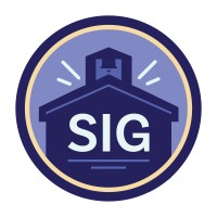 SIG logo featuring a stylized dark blue building with a bell tower on a circular blue and gold background.