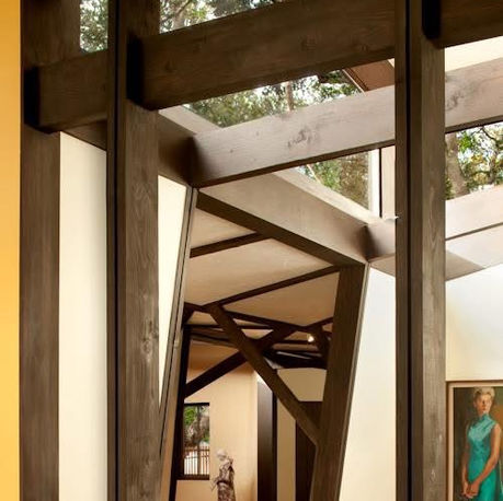 Branching timber column meeting a clerestory window at Canopy House