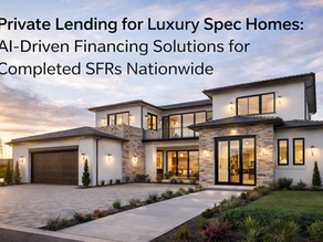 Luxury spec home with modern architecture, landscaped entry, and warm interior lighting representing private lending for completed high-end residential properties