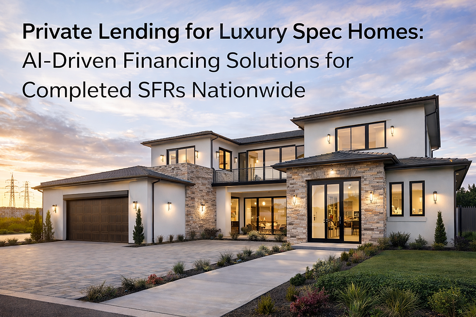 Luxury spec home with modern architecture, landscaped entry, and warm interior lighting representing private lending for completed high-end residential properties