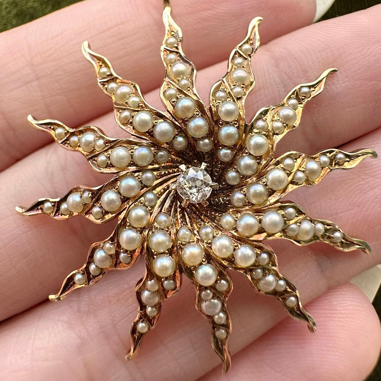 Antique 14k Gold Seed Pearl & Diamond Sun Pendant