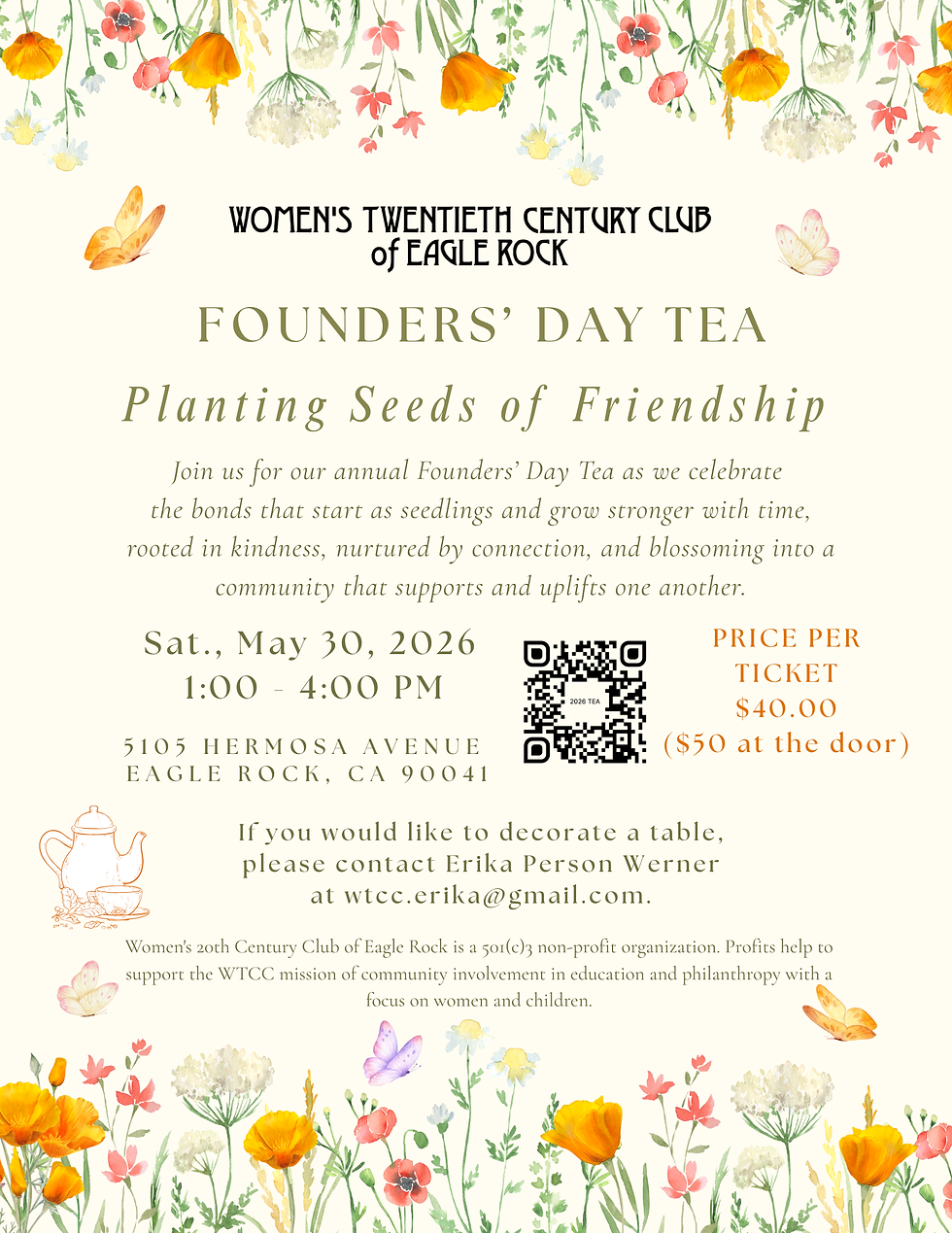 PLANTING SEEDS OF FRIENDSHIP TEA & ART SHOW -- Saturday, 5/30/26 @ 1pm