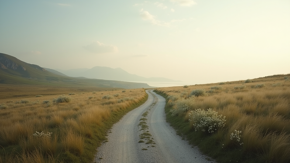 Eye-level view of a serene landscape with a winding path