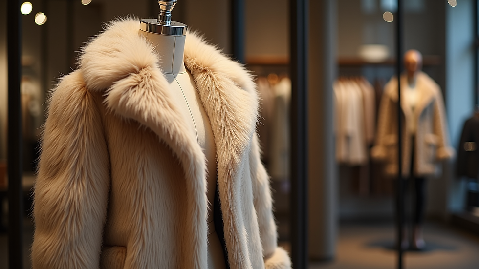 Eye-level view of a luxurious fur jacket displayed on a mannequin in a boutique