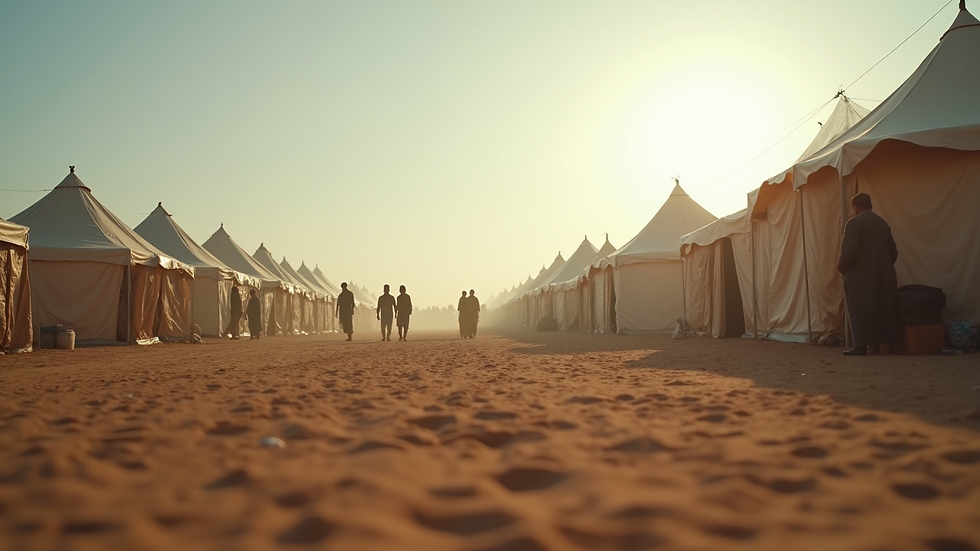 Eye-level view of a refugee camp with tents and people