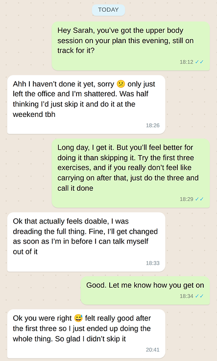 A WhatsApp conversation between a ClubQ coach and client checking in on training and accountability